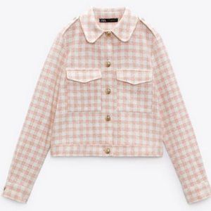 Zara Pink Textured Gingham Blazer Small